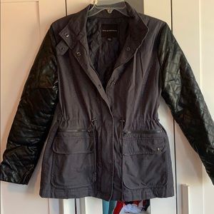 Leather sleeved jacket.